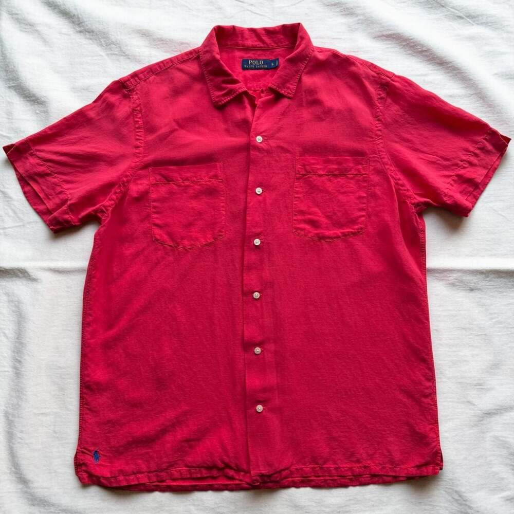 Polo Ralph Lauren Red Linen Silk Short Sleeve Button Down Shirt Size L